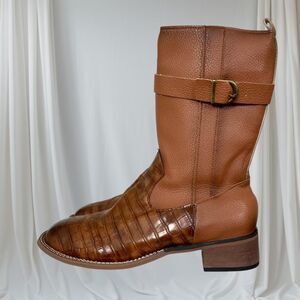 Boho Western Cowgirl Brown Croc Snake Faux Leather Buckle Boots EU 42 US 11.5